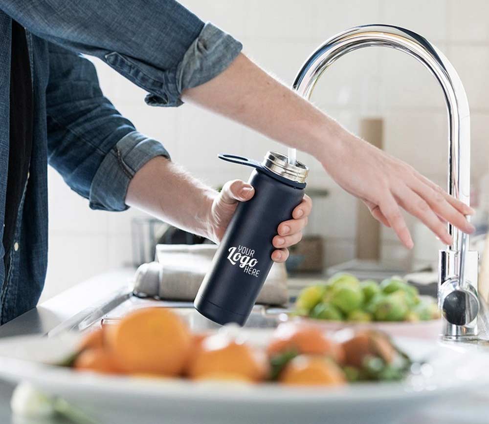 Branded promotional water bottle.