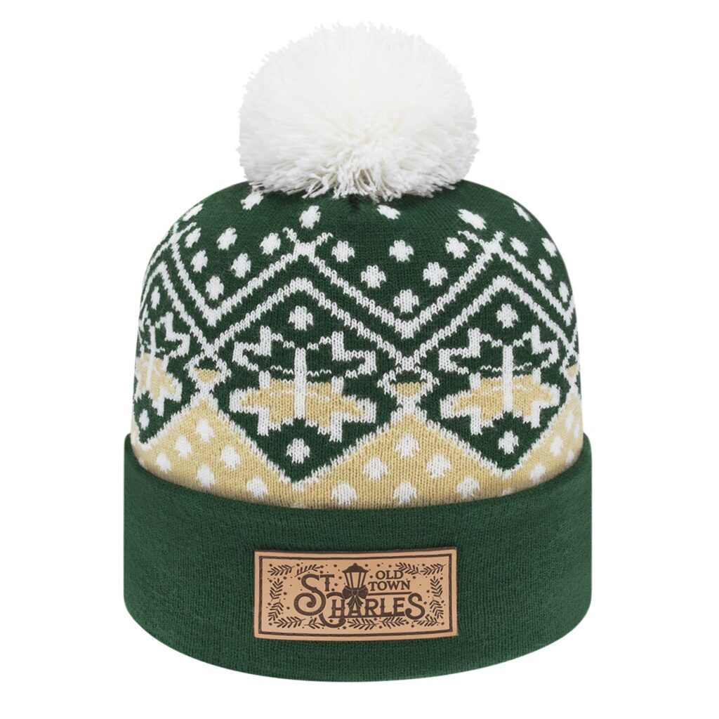 Green and tan knit cap with company logo