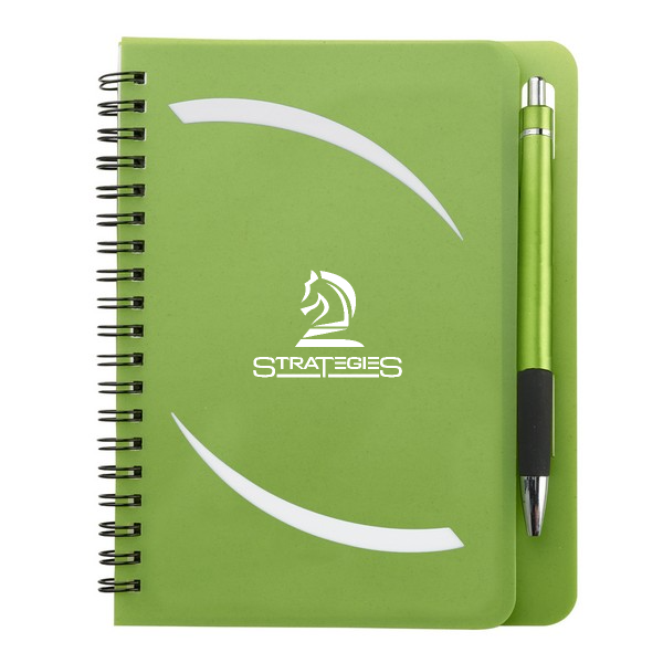 Lime green 5"x7" lined spiral notebook with the Strategies logo. Perfect Q1 promotional products that can support new goals.